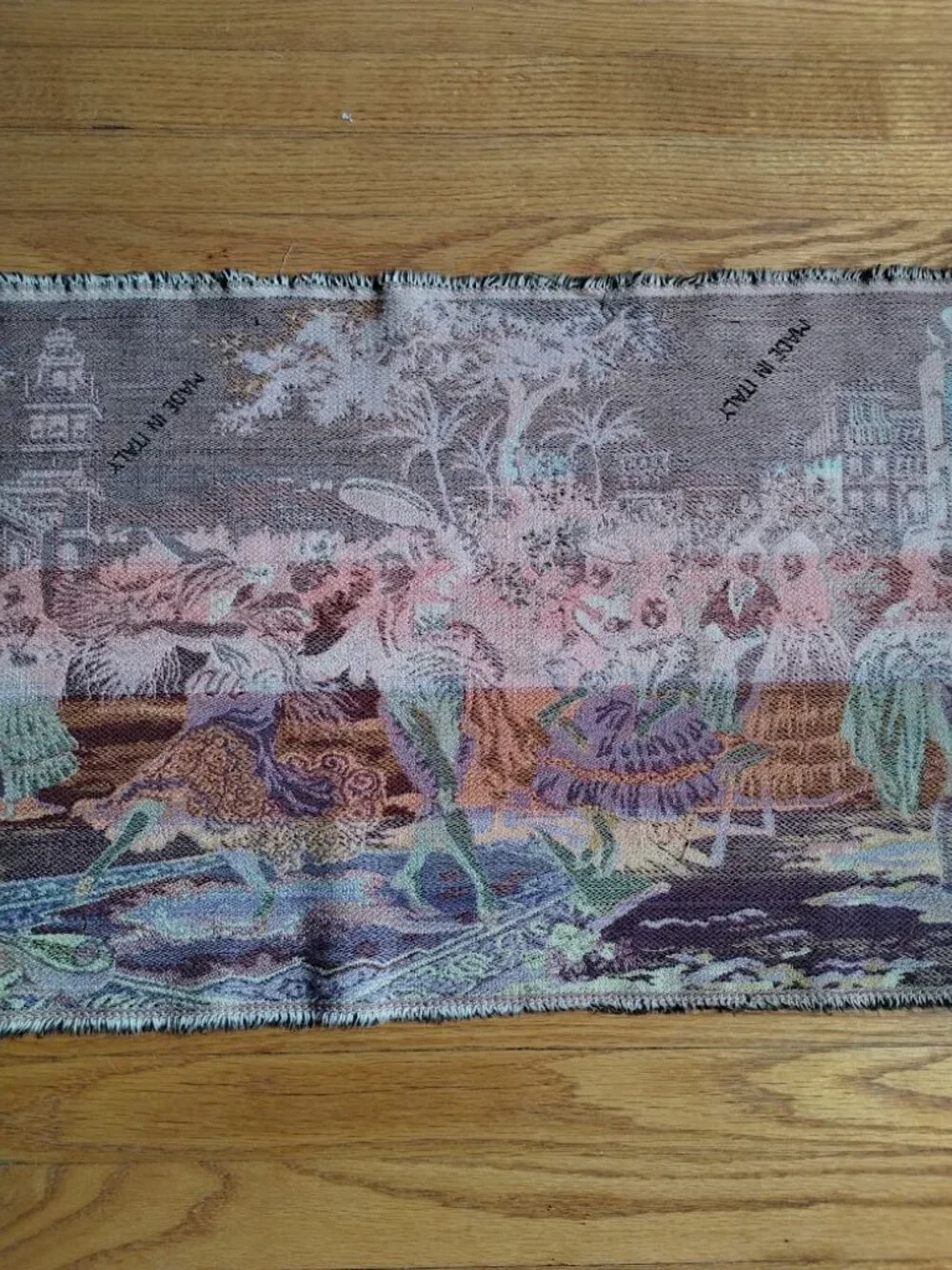 VTG Italian Wall Hanging Wide Tapestry Depicting Town Square Socializing & Party